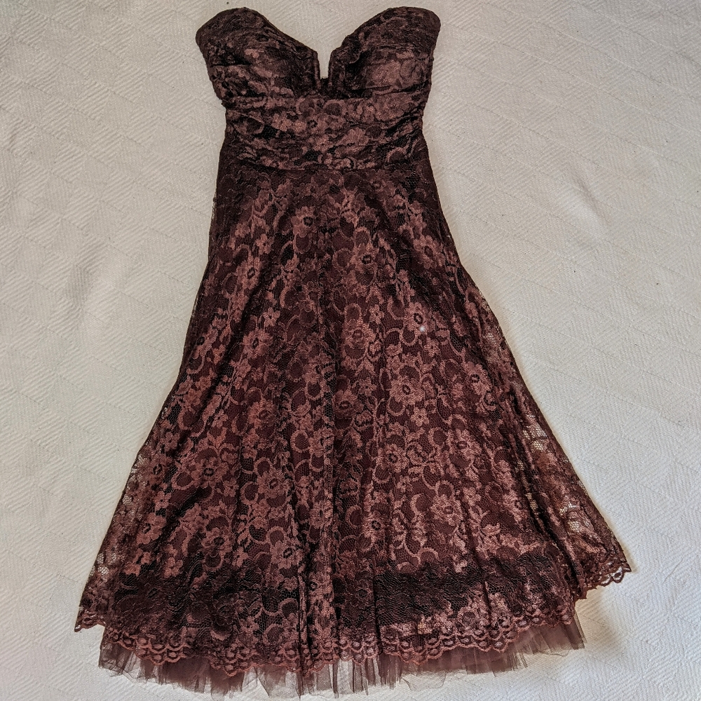 Niki Lavis Strapless Chocolate Brown Lace Cocktail Dress - Picture 4 of 7